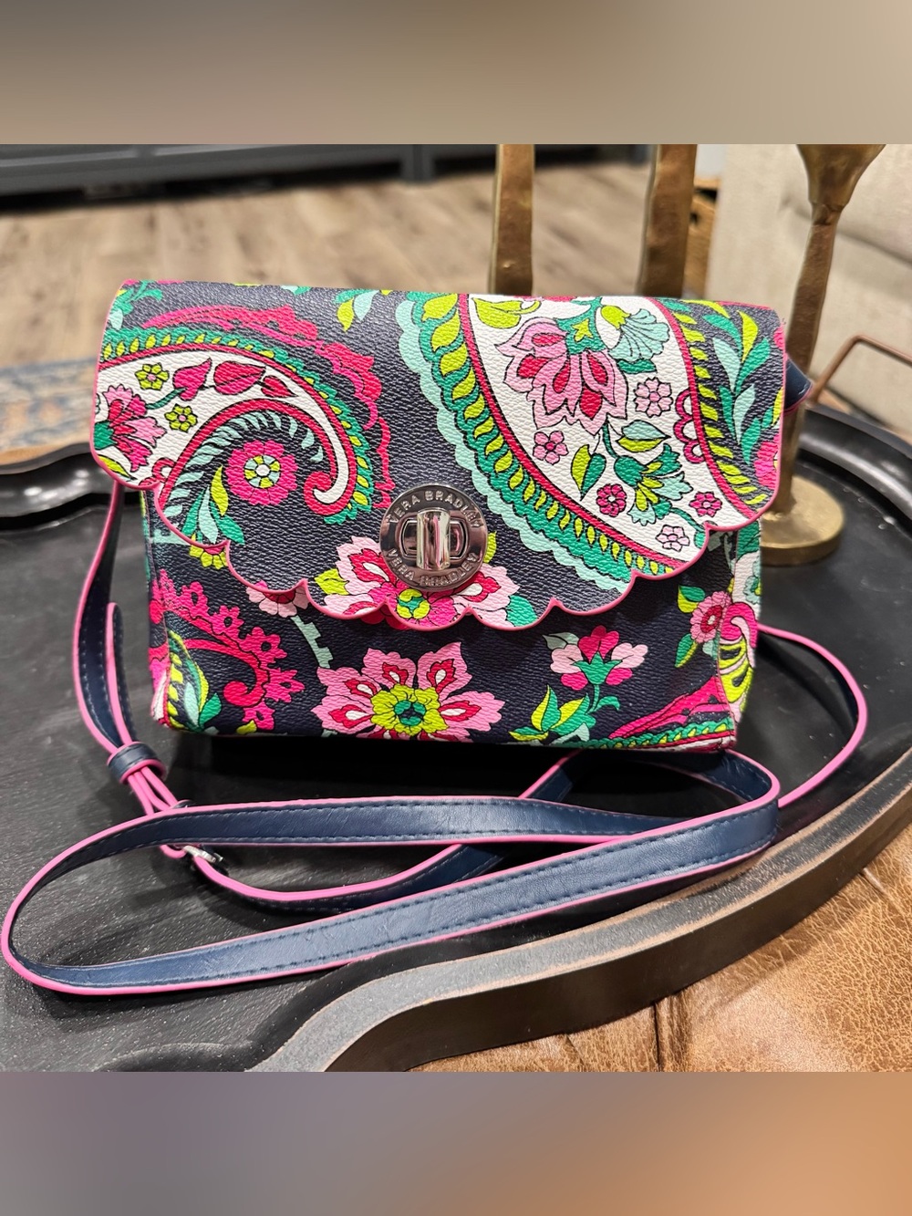 Vera Bradley Navy Floral Scalloped Crossbody with Pink & Green Accents